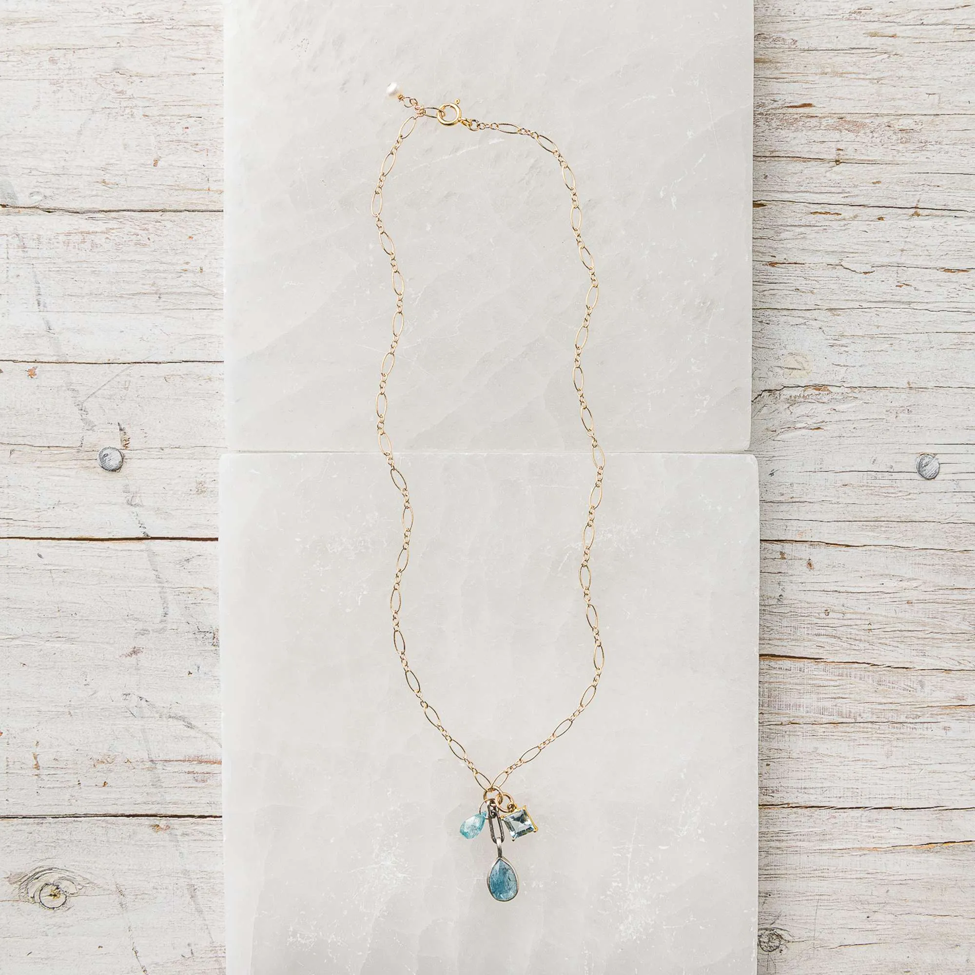Moss Kyanite Necklace with Topaz and Zircon Charms