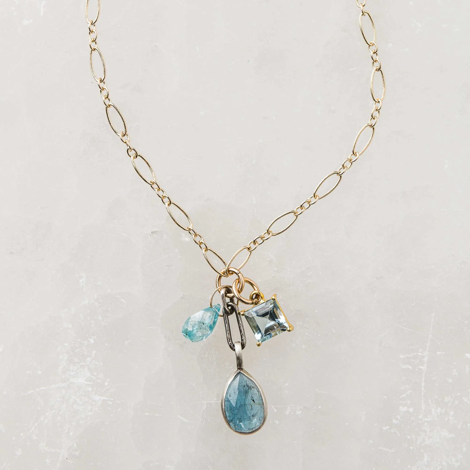 Moss Kyanite Necklace with Topaz and Zircon Charms