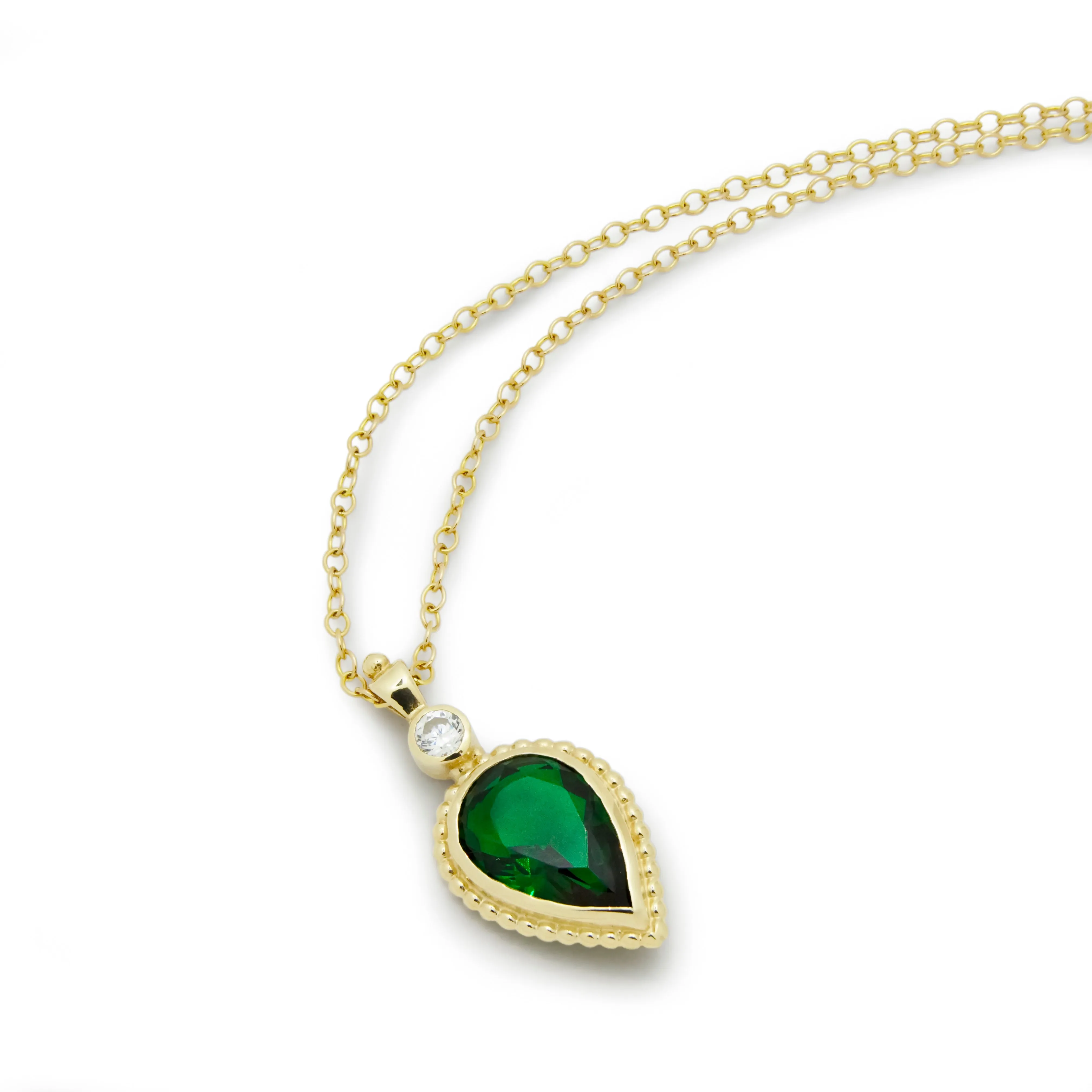 NG4748 Gold Necklace with Teardrop Emerald and Zircon Pendant