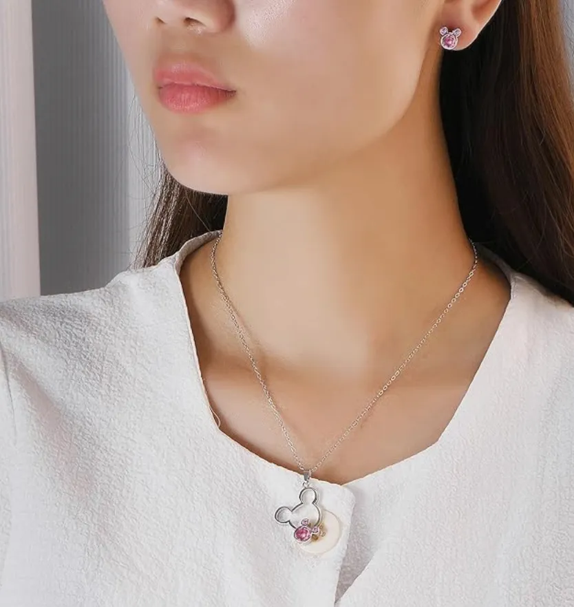 Pink Diamond Mouse Earrings Necklace Set Mouse Bow Pendant Mouse Ear Chain Rat Jewelry Girls Teen Birthday Gift Silver Stainless Steel 18in.
