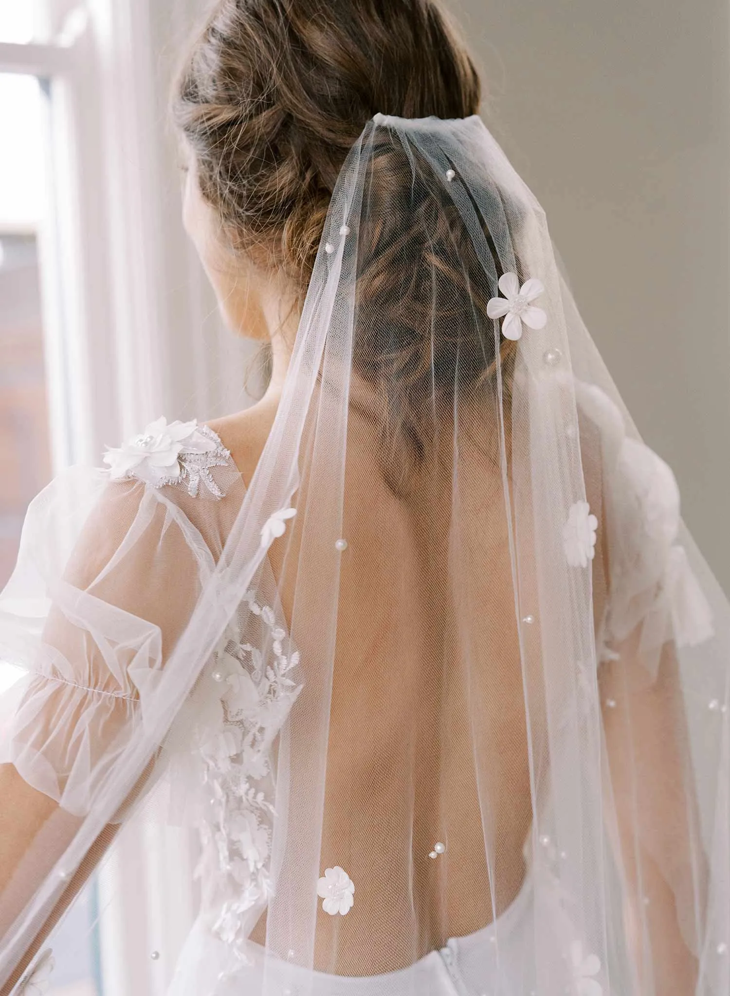 Primrose embroidered blossoms train veil - Style #2476