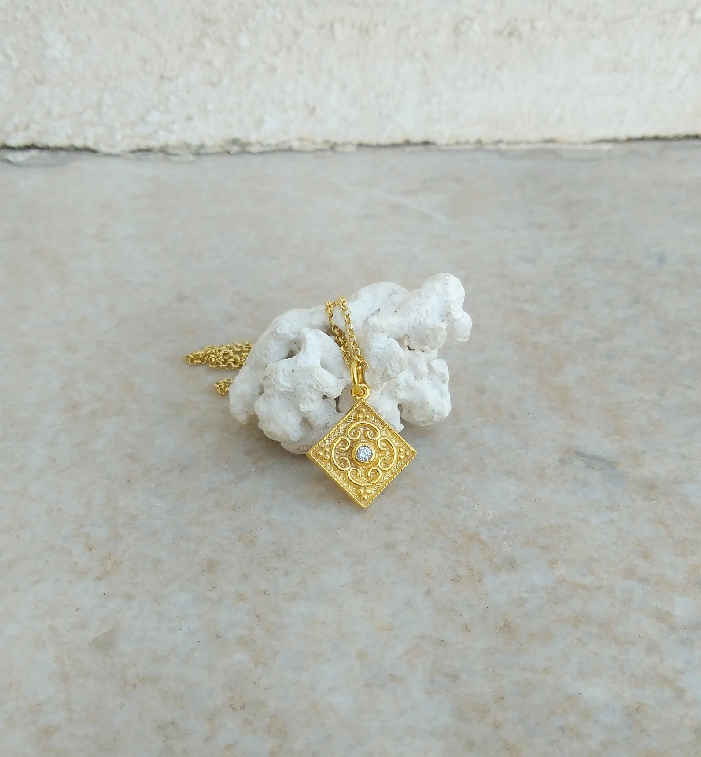 Rhombus Byzantine Necklace With White Zircon From 22k Gold Plated Silver