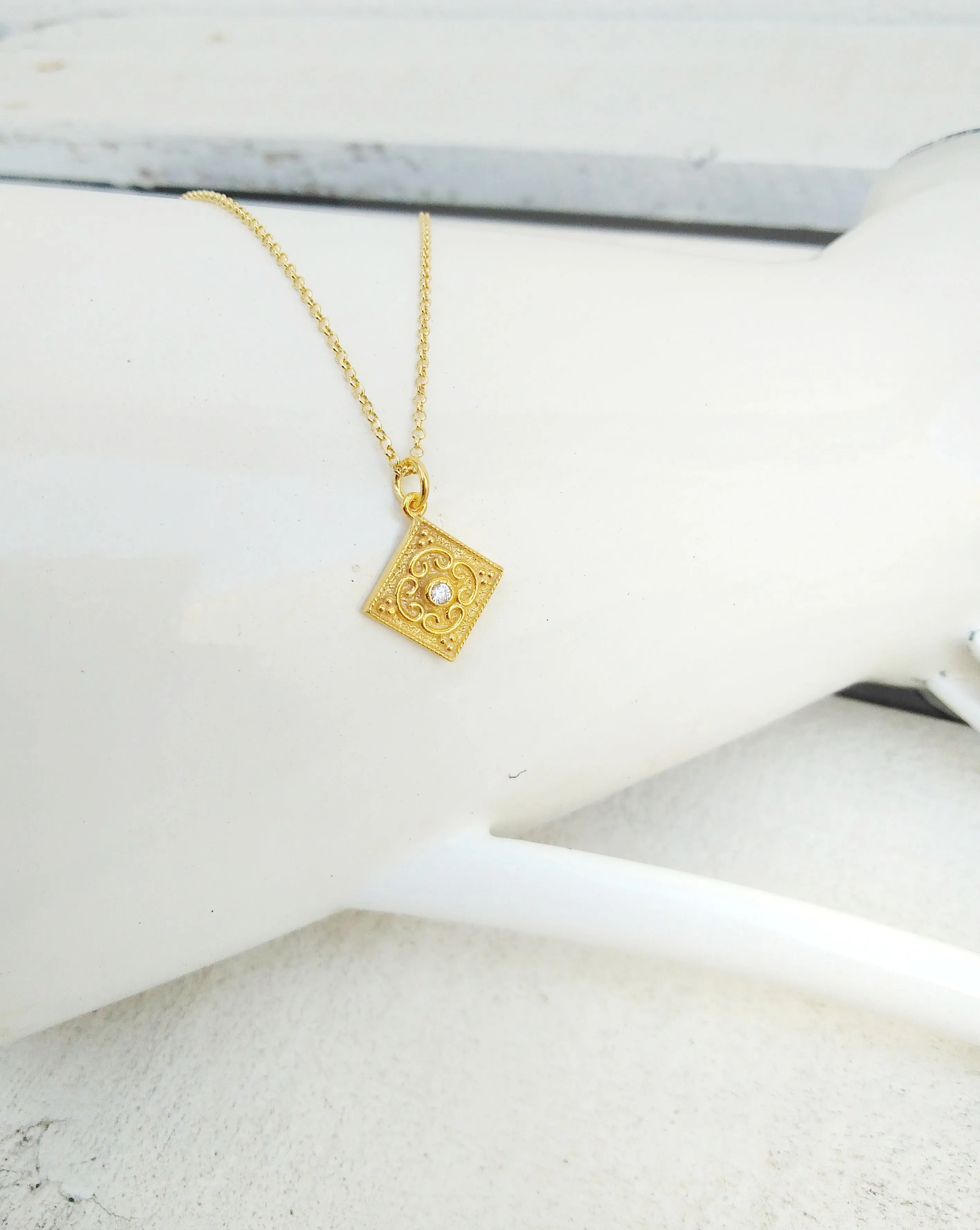 Rhombus Byzantine Necklace With White Zircon From 22k Gold Plated Silver