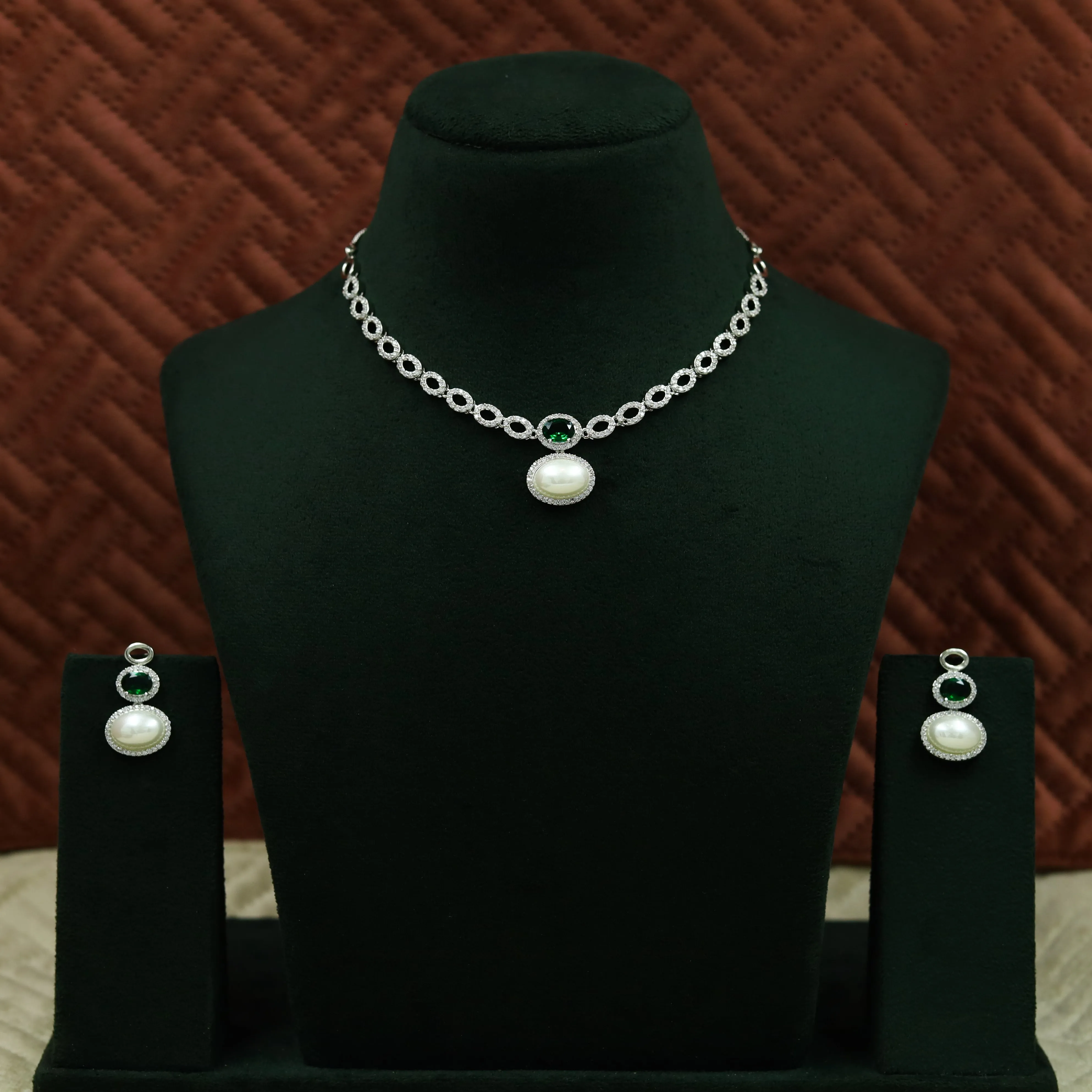 Round Neck Zircon/AD Necklace Set 12980-34