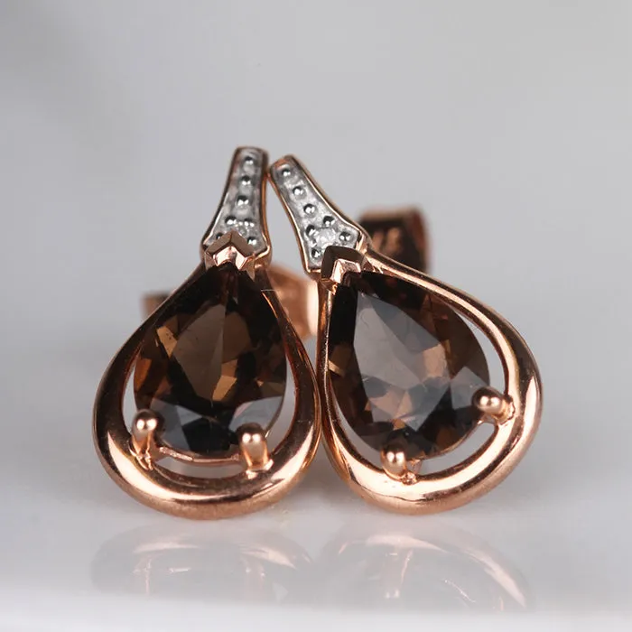 Smokey Quartz Teardrop & Diamond Drop Earrings