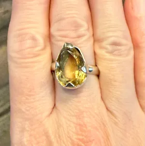 Stunning Faceted Genuine Solitaire Citrine Statement Teardrop Ring Size 8 New