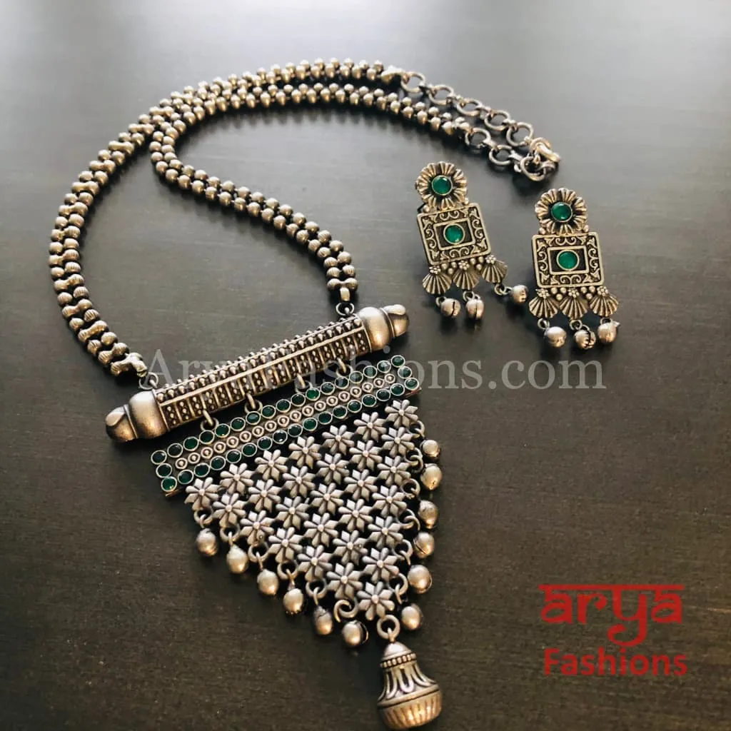 Tani Oxidized Silver Tribal Necklace with Green Stones / Statement Necklace