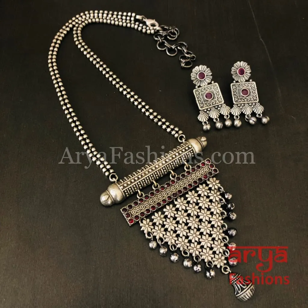 Tani Oxidized Silver Tribal Necklace with Green Stones / Statement Necklace