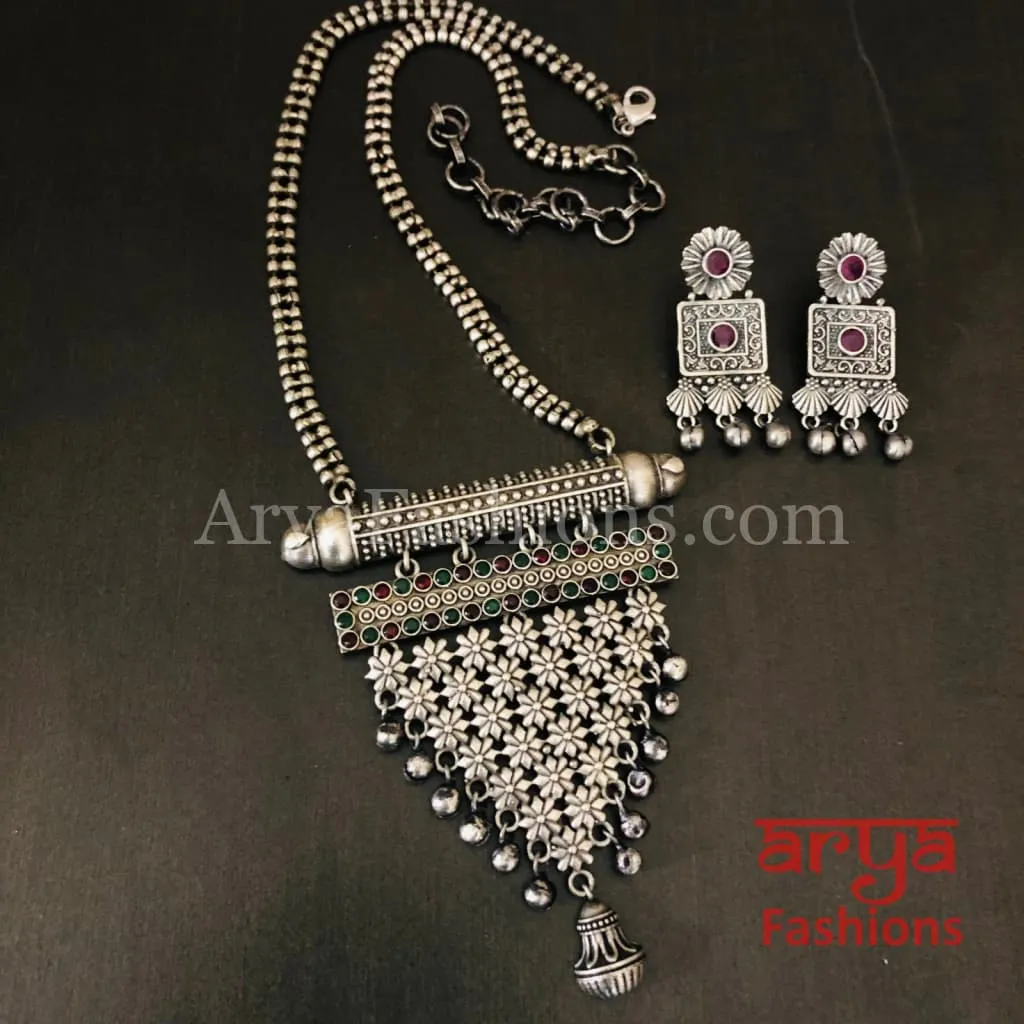 Tani Oxidized Silver Tribal Necklace with Green Stones / Statement Necklace