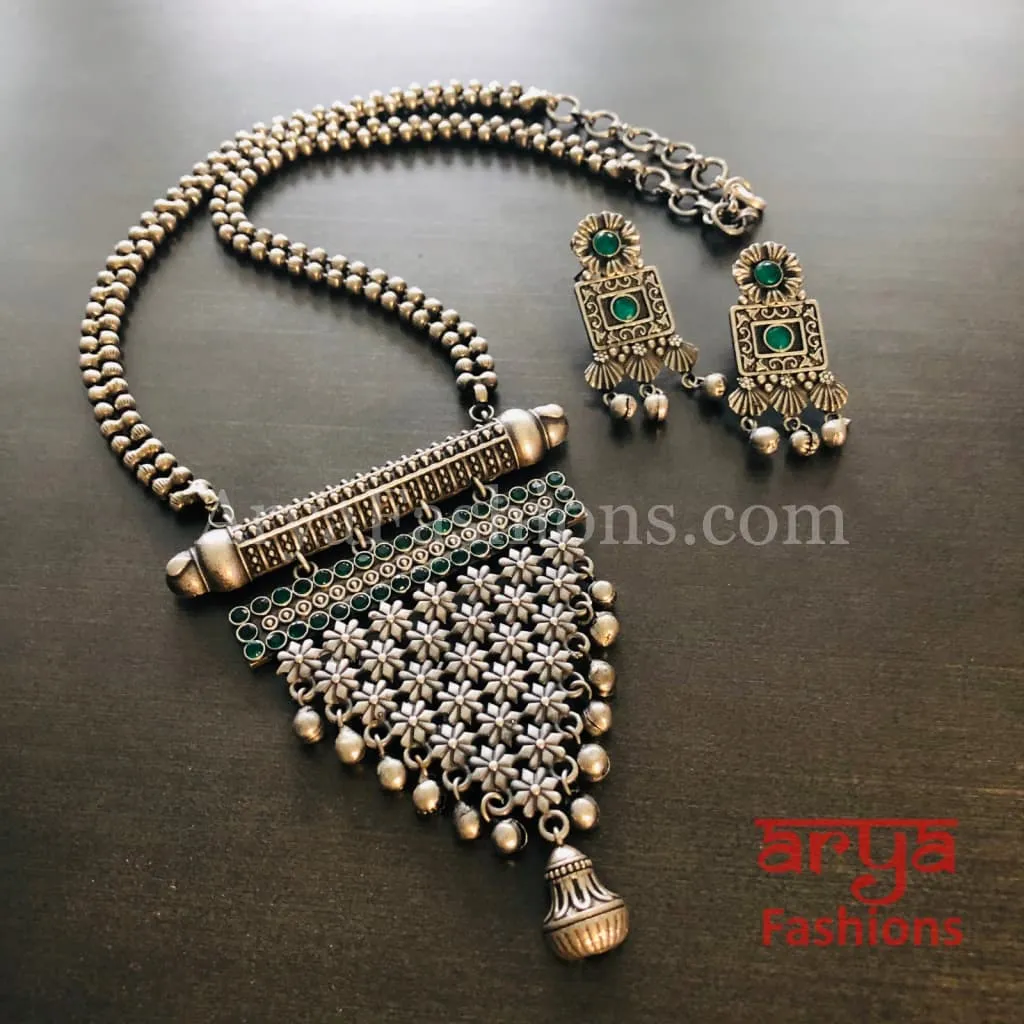 Tani Oxidized Silver Tribal Necklace with Green Stones / Statement Necklace