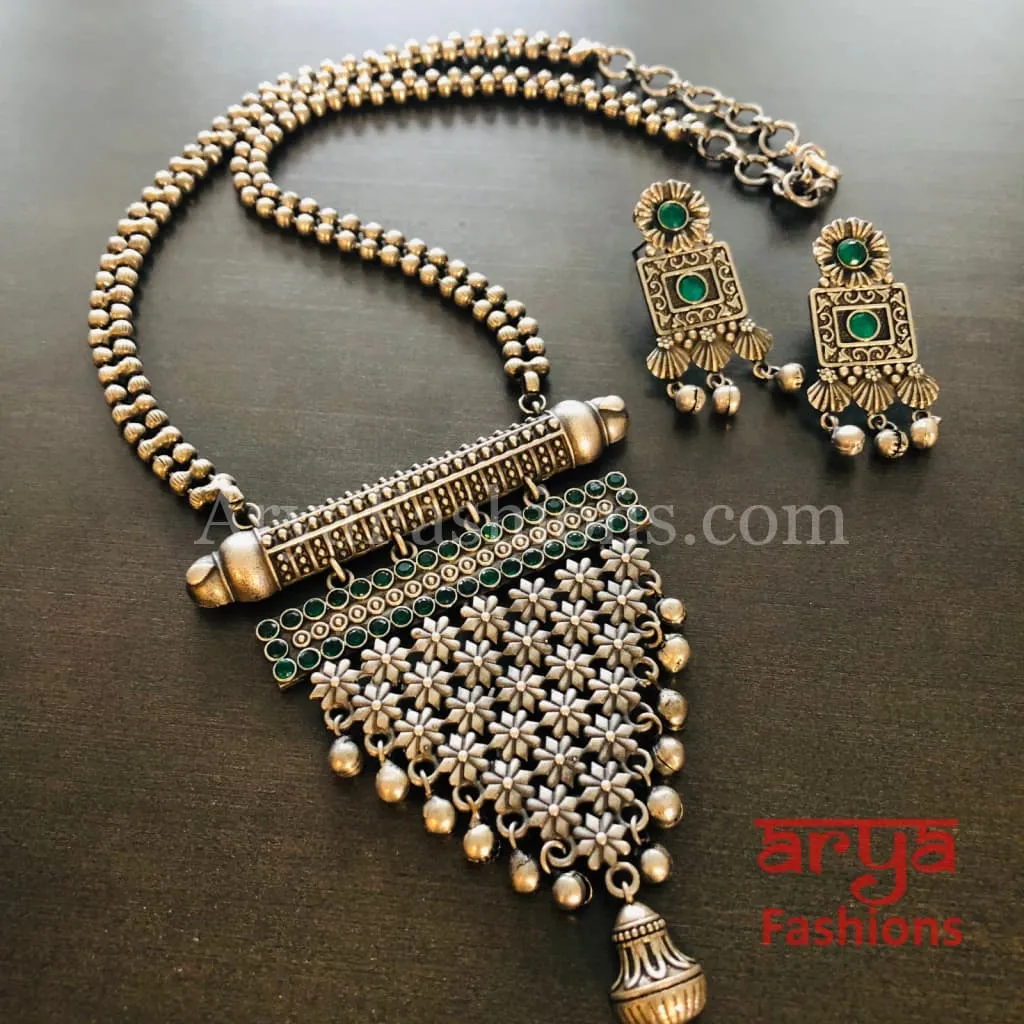 Tani Oxidized Silver Tribal Necklace with Green Stones / Statement Necklace