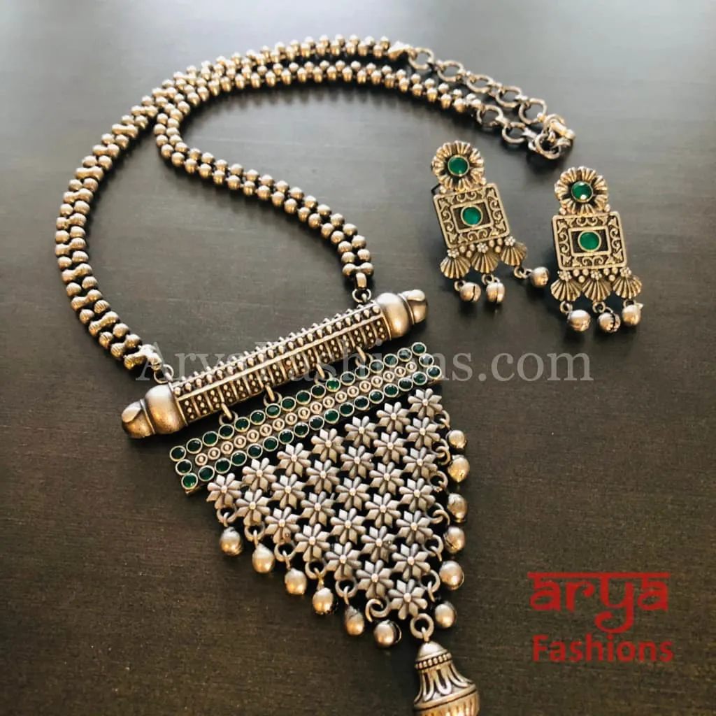 Tani Oxidized Silver Tribal Necklace with Green Stones / Statement Necklace