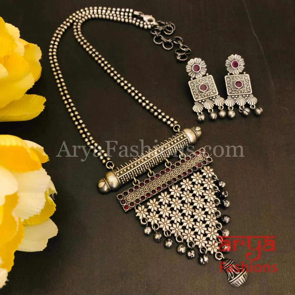 Tani Oxidized Silver Tribal Necklace with Green Stones / Statement Necklace