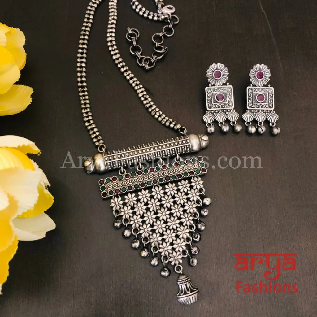 Tani Oxidized Silver Tribal Necklace with Green Stones / Statement Necklace