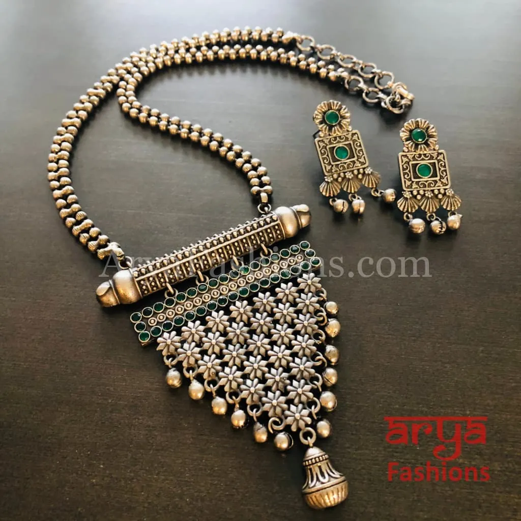 Tani Oxidized Silver Tribal Necklace with Green Stones / Statement Necklace