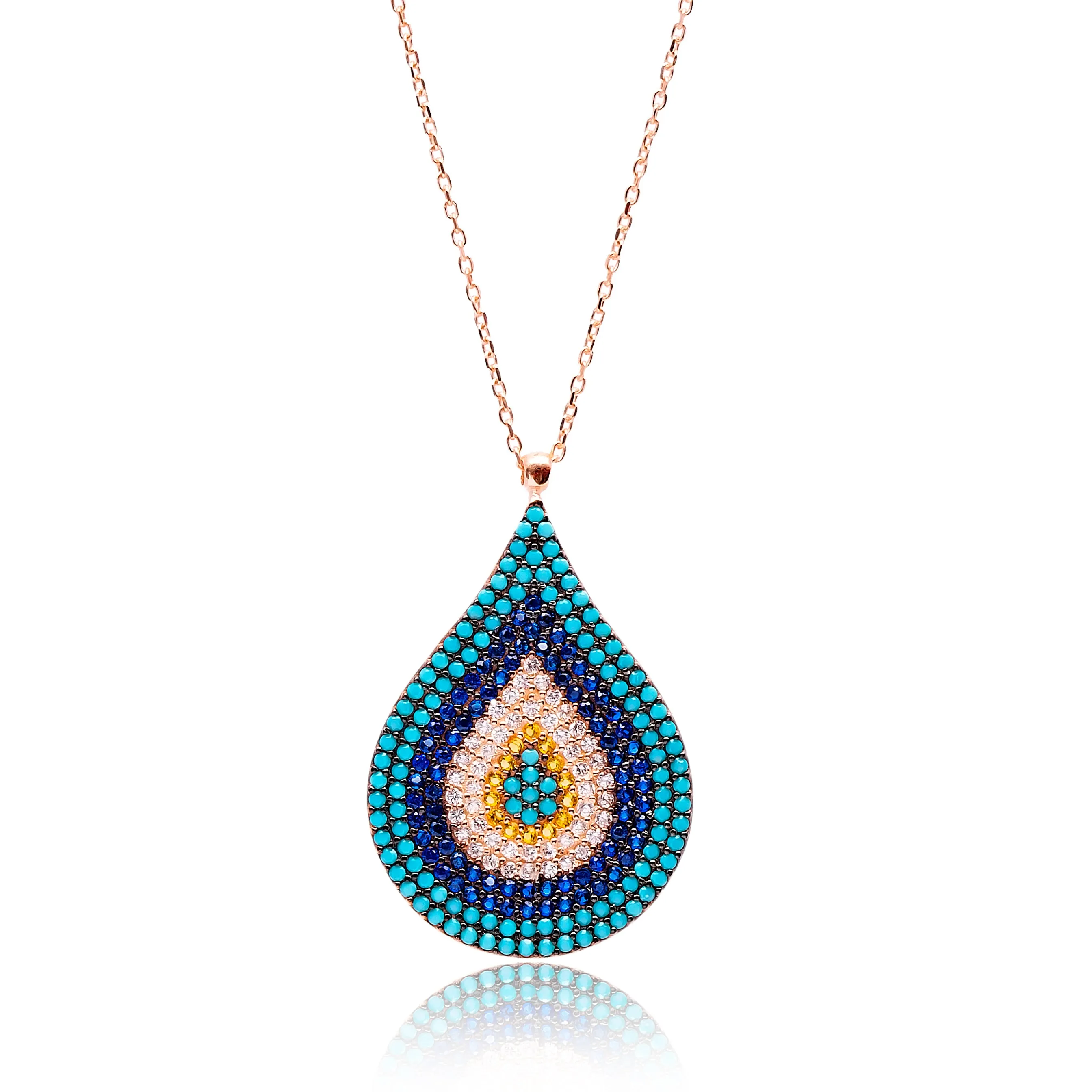Teardrop Multi Stone Lapis pave set Necklace in Rose Gold
