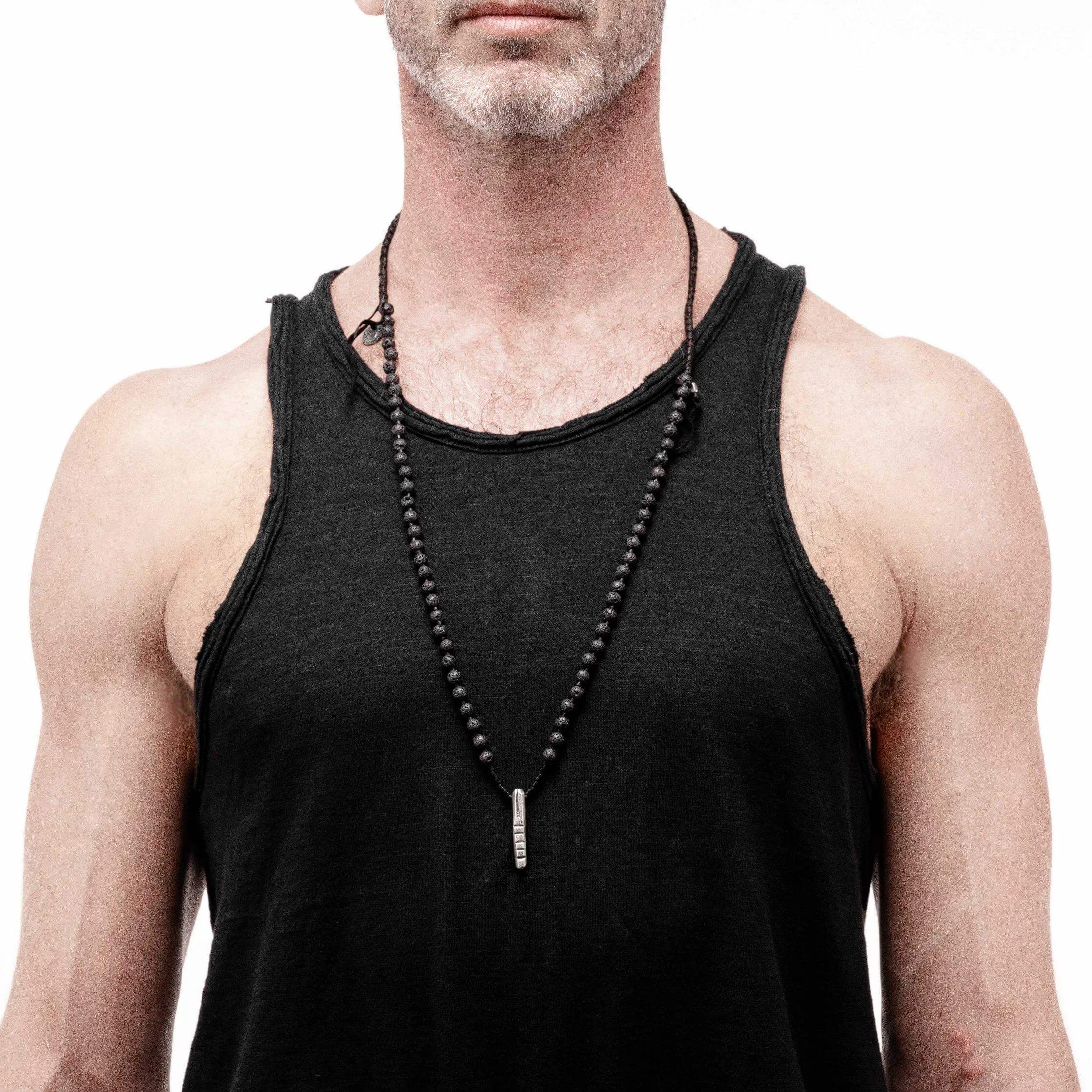 Totem Lava Beads, Leather and Silver Necklace