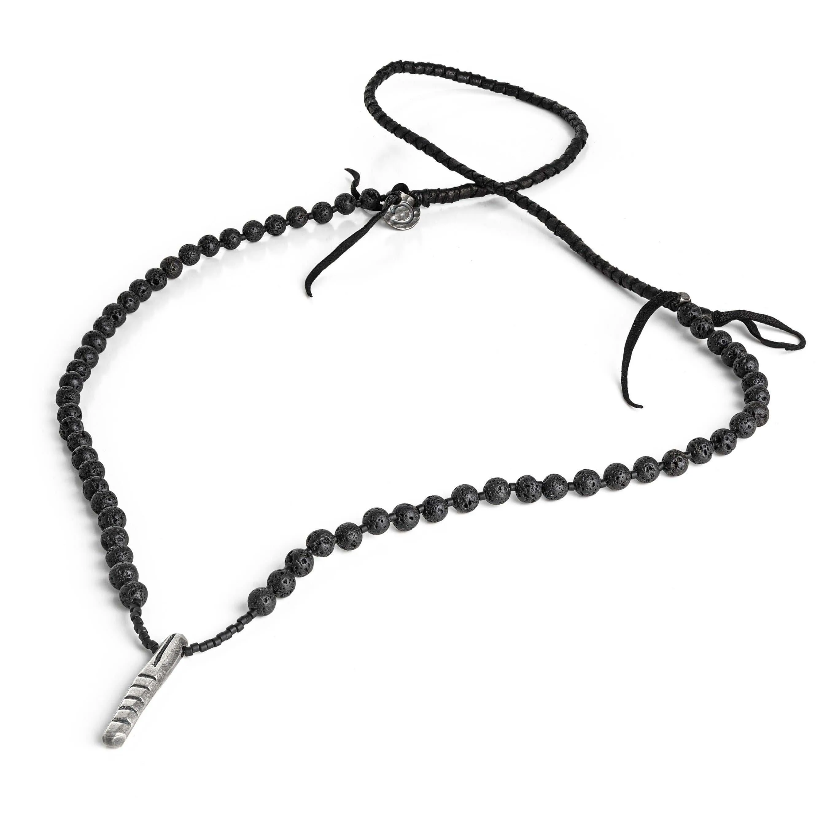 Totem Lava Beads, Leather and Silver Necklace