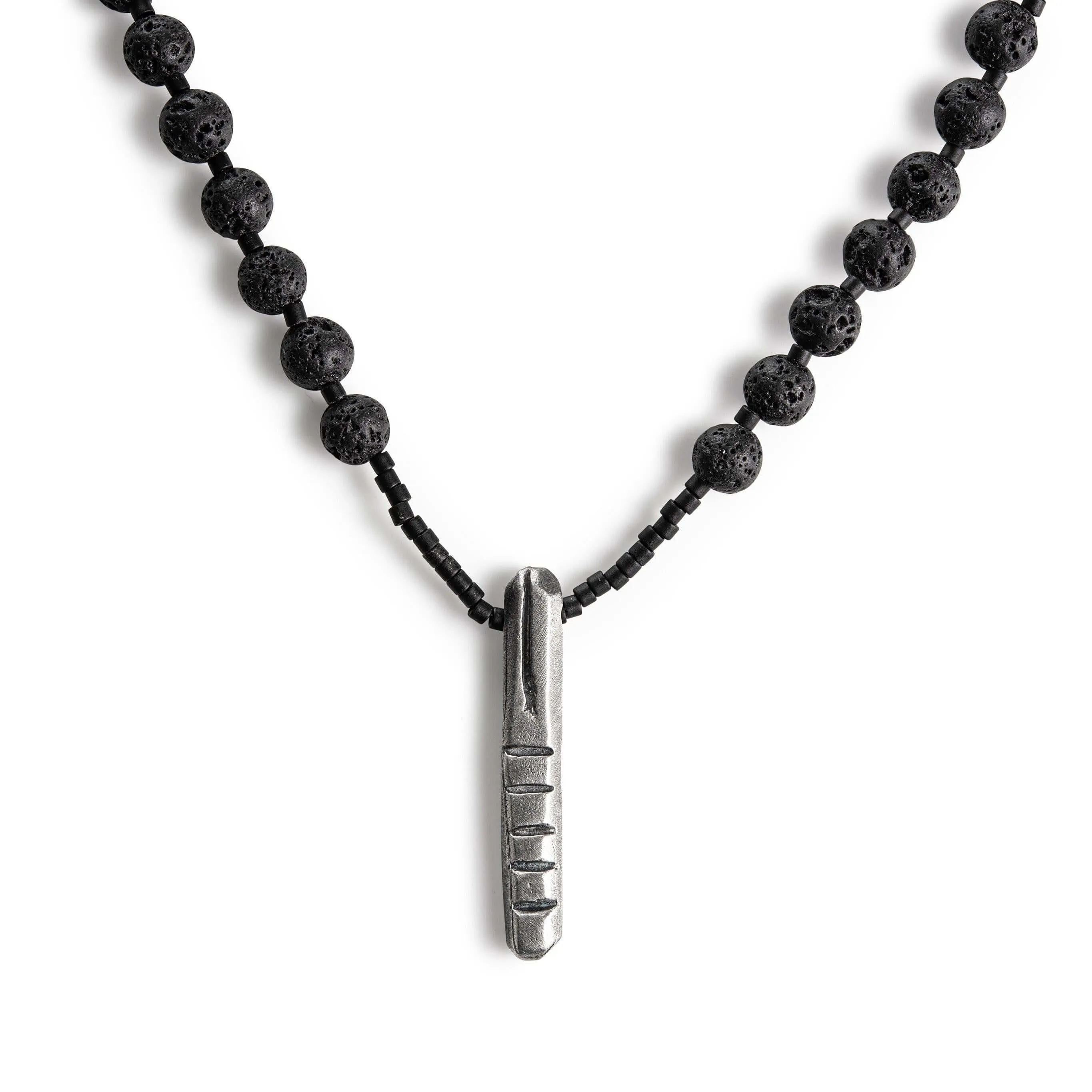 Totem Lava Beads, Leather and Silver Necklace